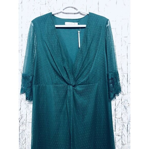 Asos Curve Dot Mesh Lace Twist Top Dress Ruffle Hem Green Holiday Womens Size 12 - Picture 2 of 7